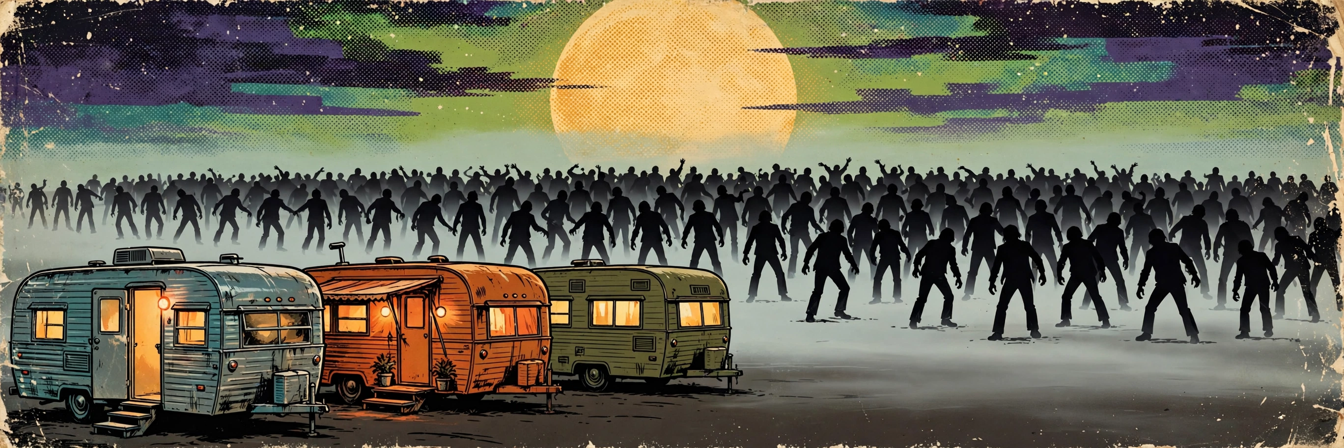 A horde of zombies shambles through the fog toward a trailer park at night, its windows still warmly lit